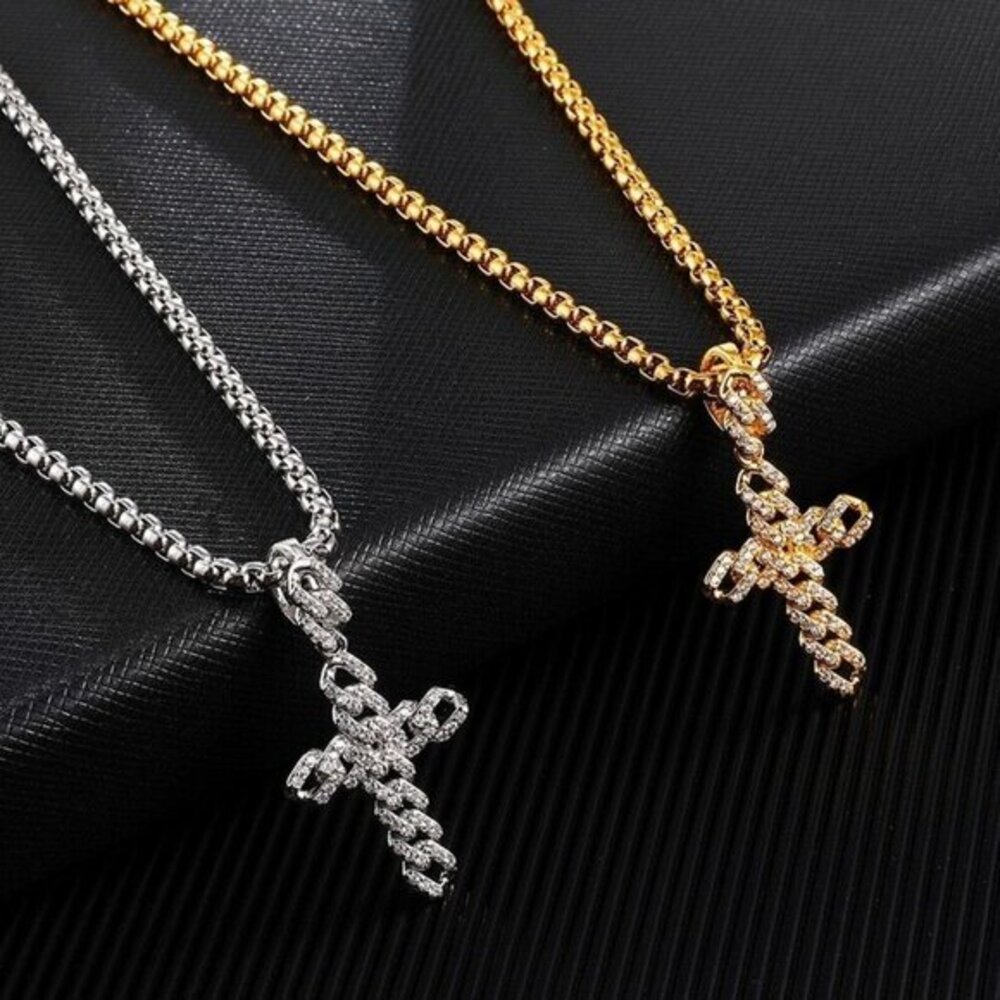 Cross Pendant Chain Necklace Cuban Link Rhinestone Stainless Steel Gold / Silver
